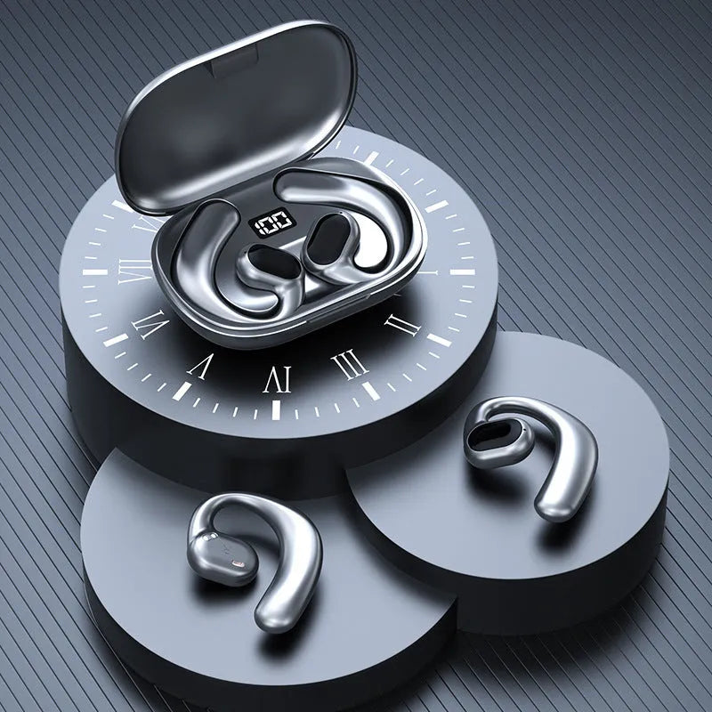 Black and white ear-mounted Bluetooth headset with digital display screen on the side