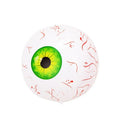 Green Halloween balloon with large bloodshot eyeball design, shown inflated