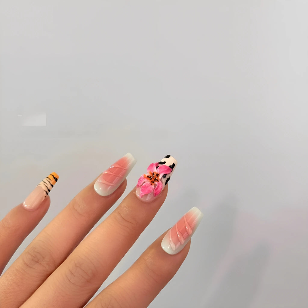 Lily hand carving nail art set with zebra patterns and embossed flowers in sizes XS S M L
