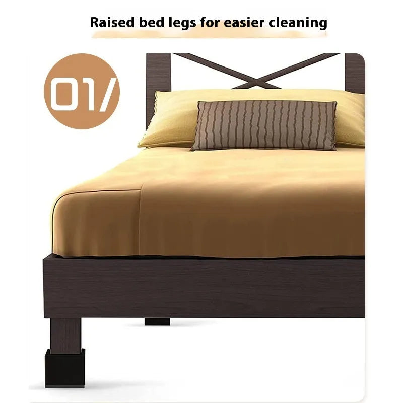 Four black circular plastic bed foot mats for furniture levelling and floor protection