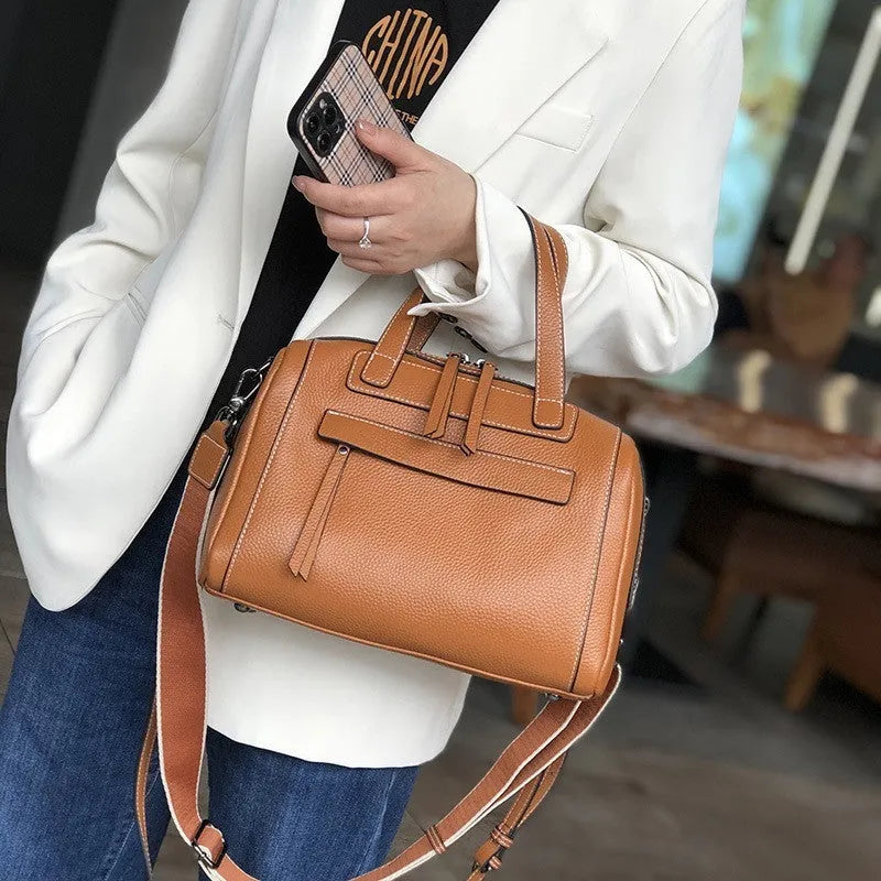 Genuine leather Boston lychee pattern shoulder messenger bag open showing internal compartments