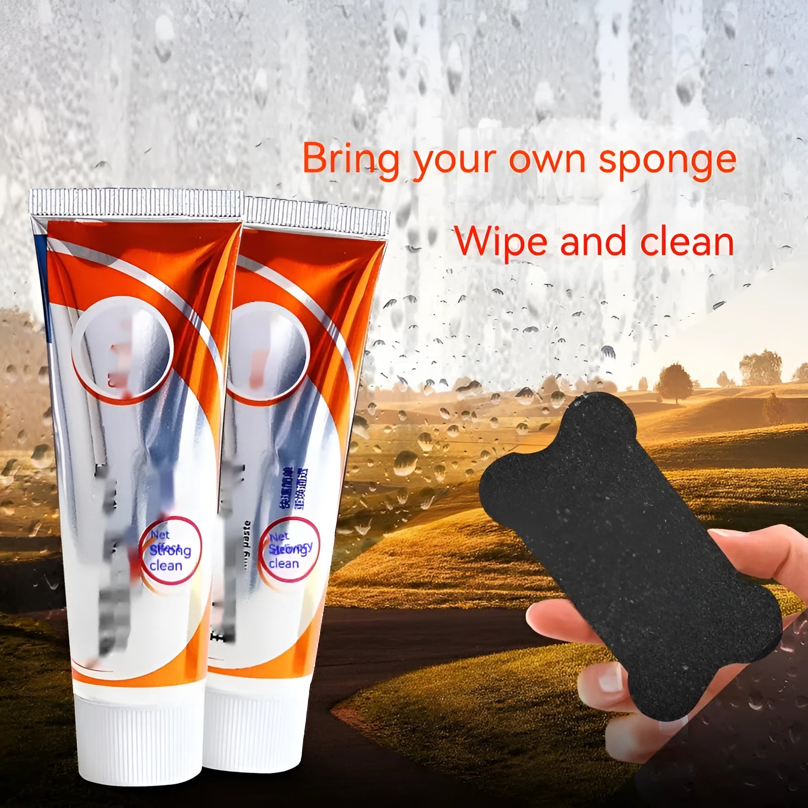 White 65ml bottle of car windshield cleaning paste for removing oil stains from glass.
