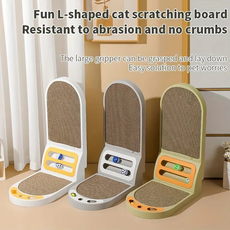 Grey L-shaped vertical cat scratching board with sisal rope, showing tall post and stable base.