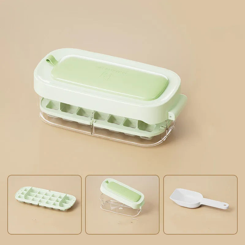 High-capacity plastic ice cube tray with ice shovel in blue, green, purple, or yellow colour options.