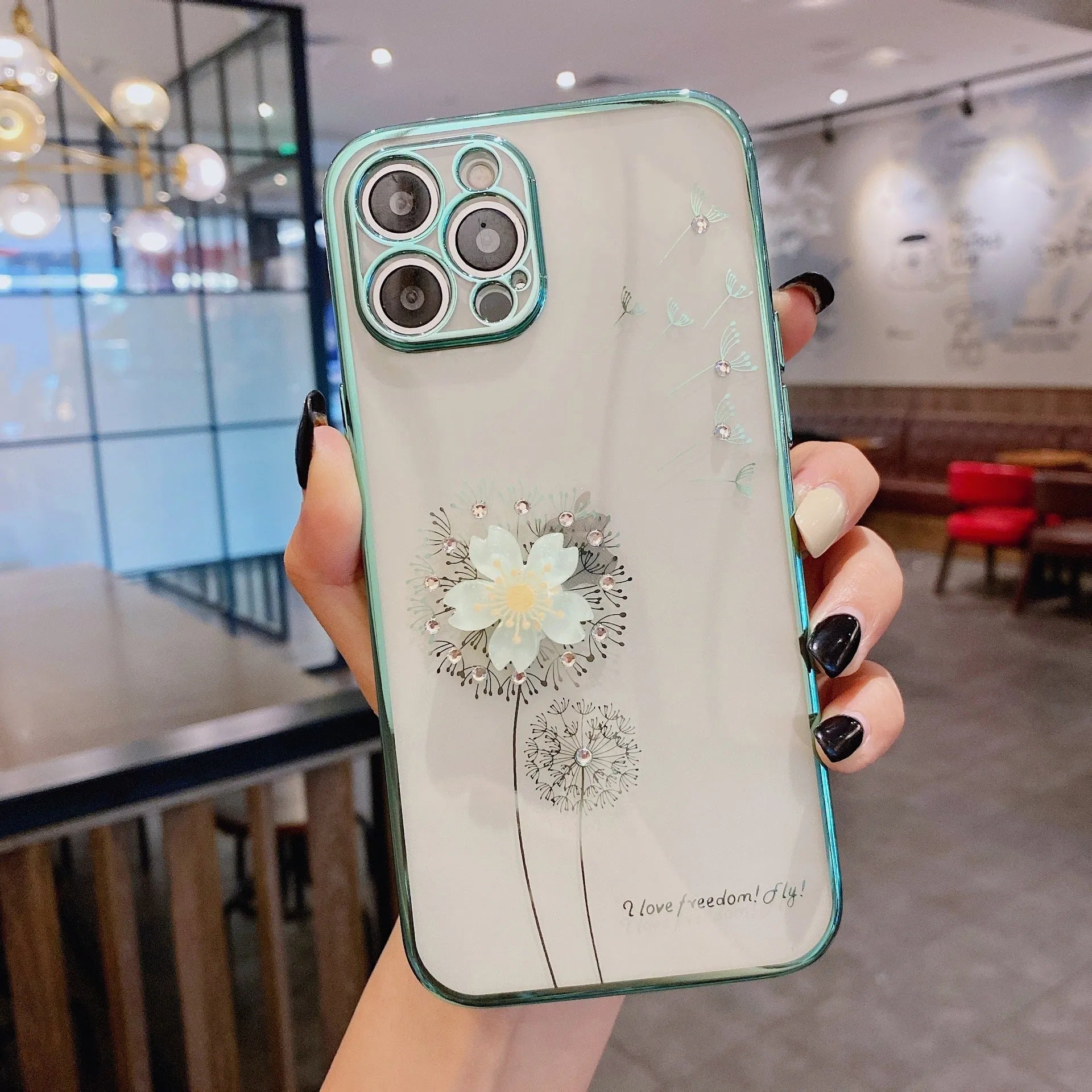 Green TPU iPhone case with a 3D floral spin stand holder on the back and a built-in screen protector.