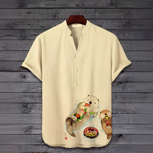 3D digital animal graphic printed on a short sleeve polyester T-shirt, shown on a hanger.