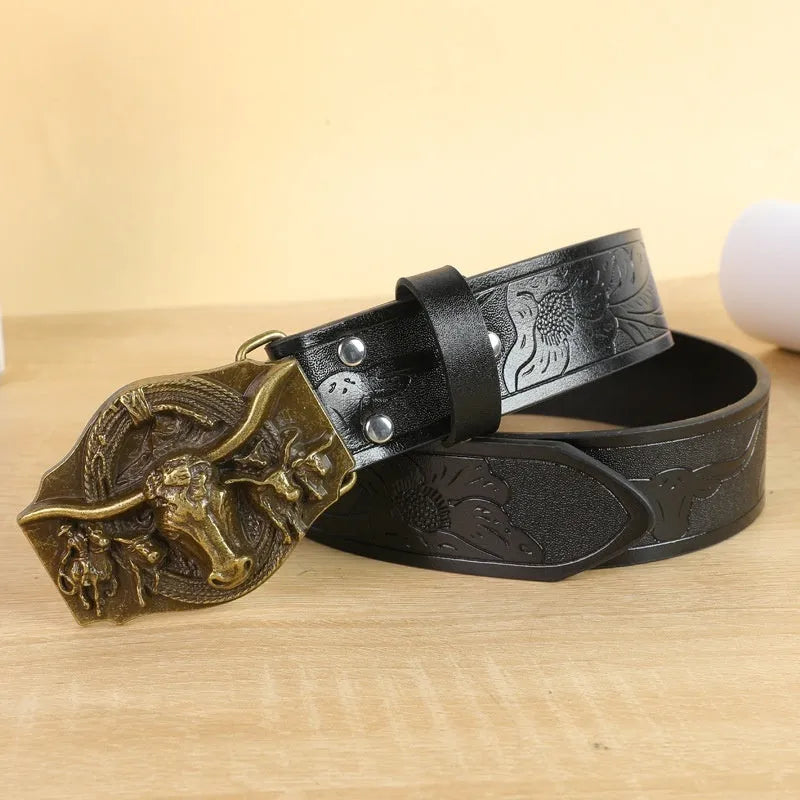 Men's brown leather-look belt with a detailed metal cow head buckle showing carved and embossed details.
