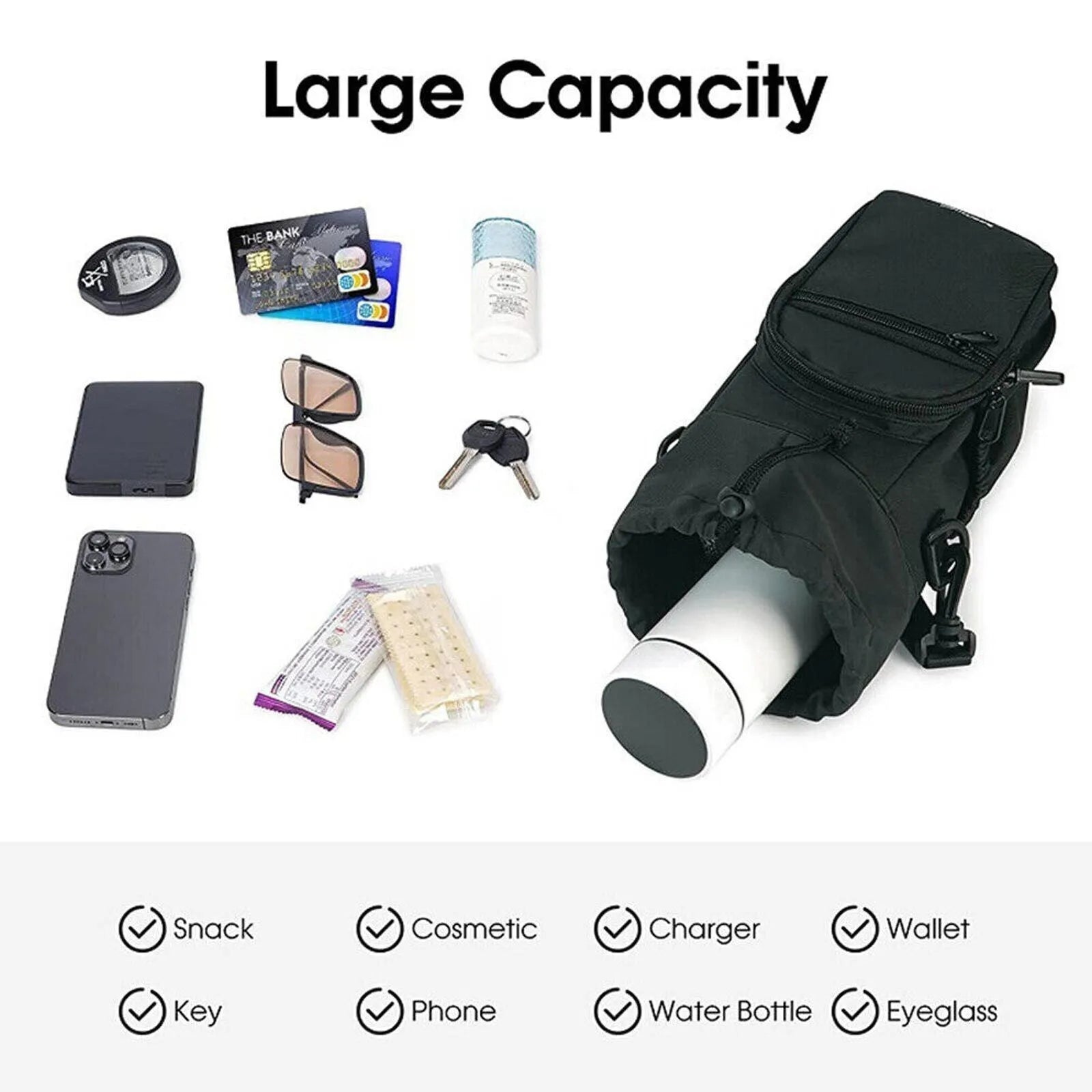 Cloth water bottle shoulder bag with crossbody strap in black, green and pink colour options