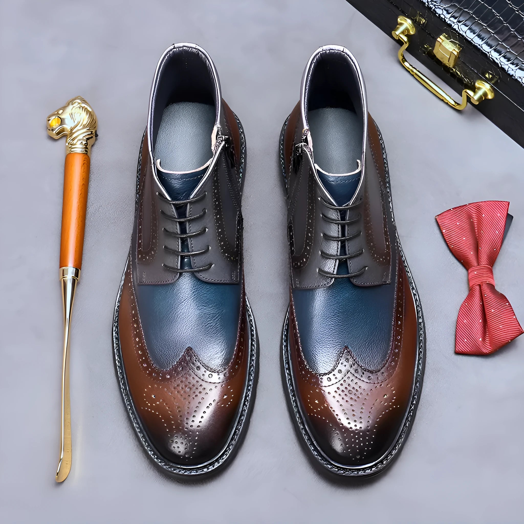 Men's coffee blue leather brogue boots with colour-blocking design and low square heel