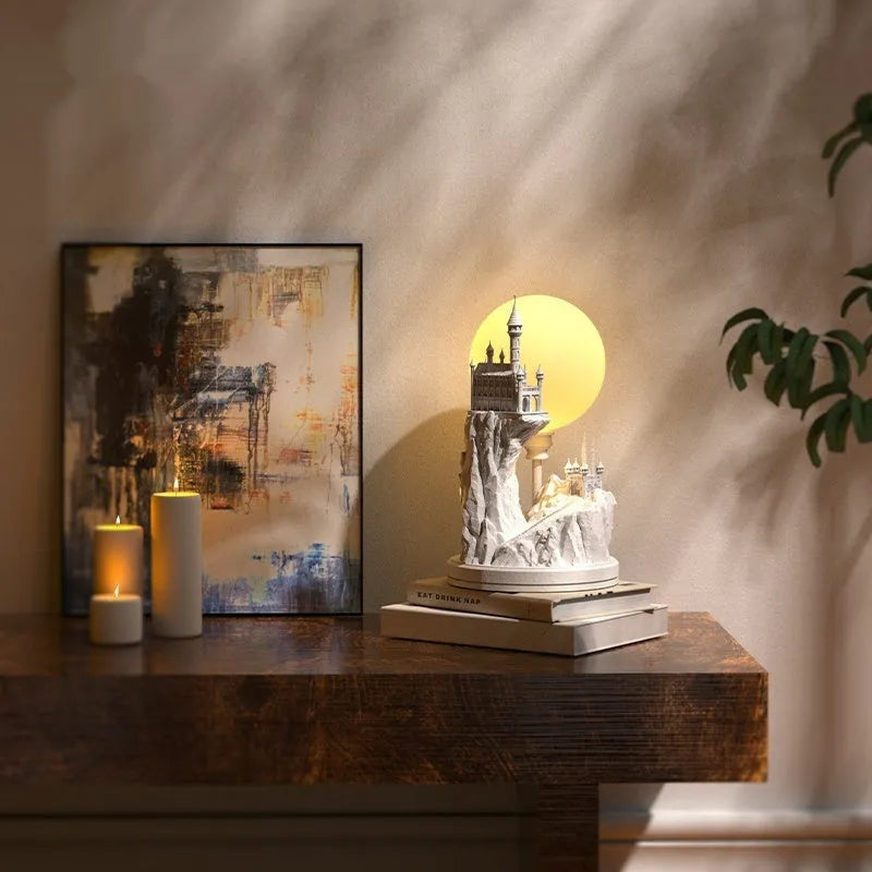 White composite gypsum desk lamp with wire switch, serving as a bedside night light.