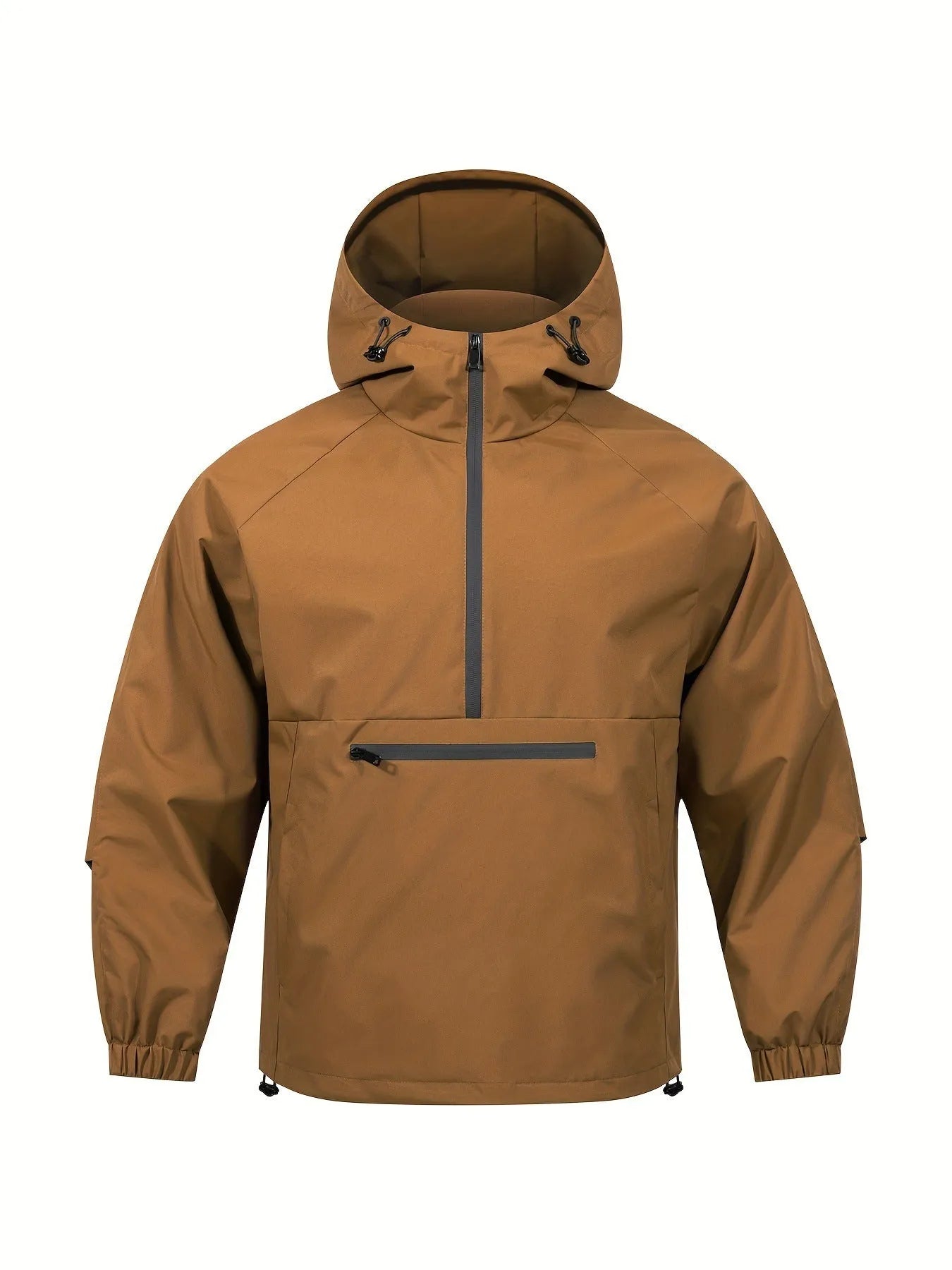 Men's light grey loose half-zip hooded corduroy jacket on a hanger