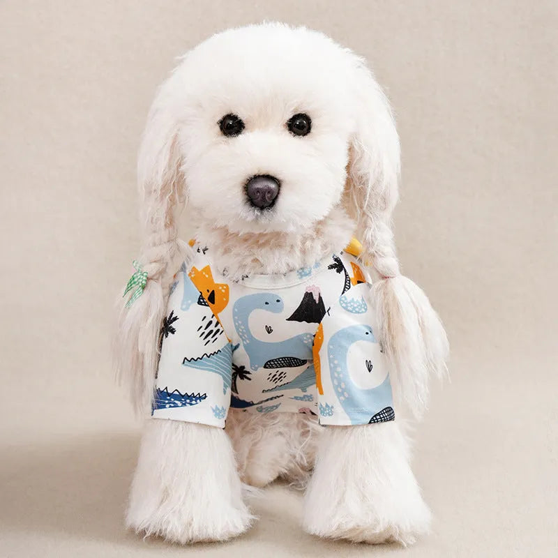 Printed dog t-shirt for small breeds with full-print design showing seasonal casual wear