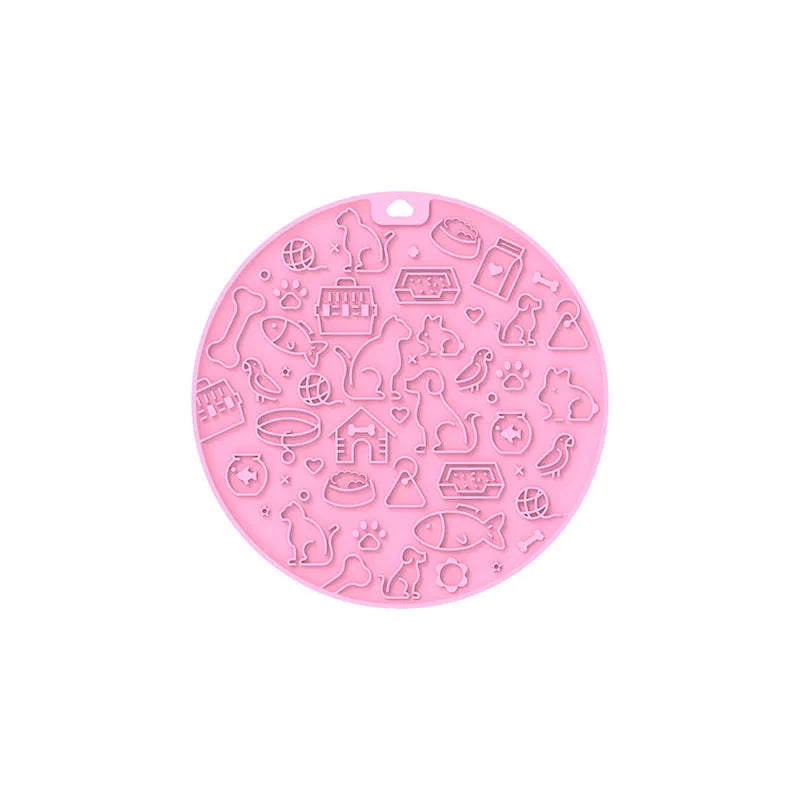Round silicone pet licking mat with suction cup in blue, pink, grey, mint, or orange colour.