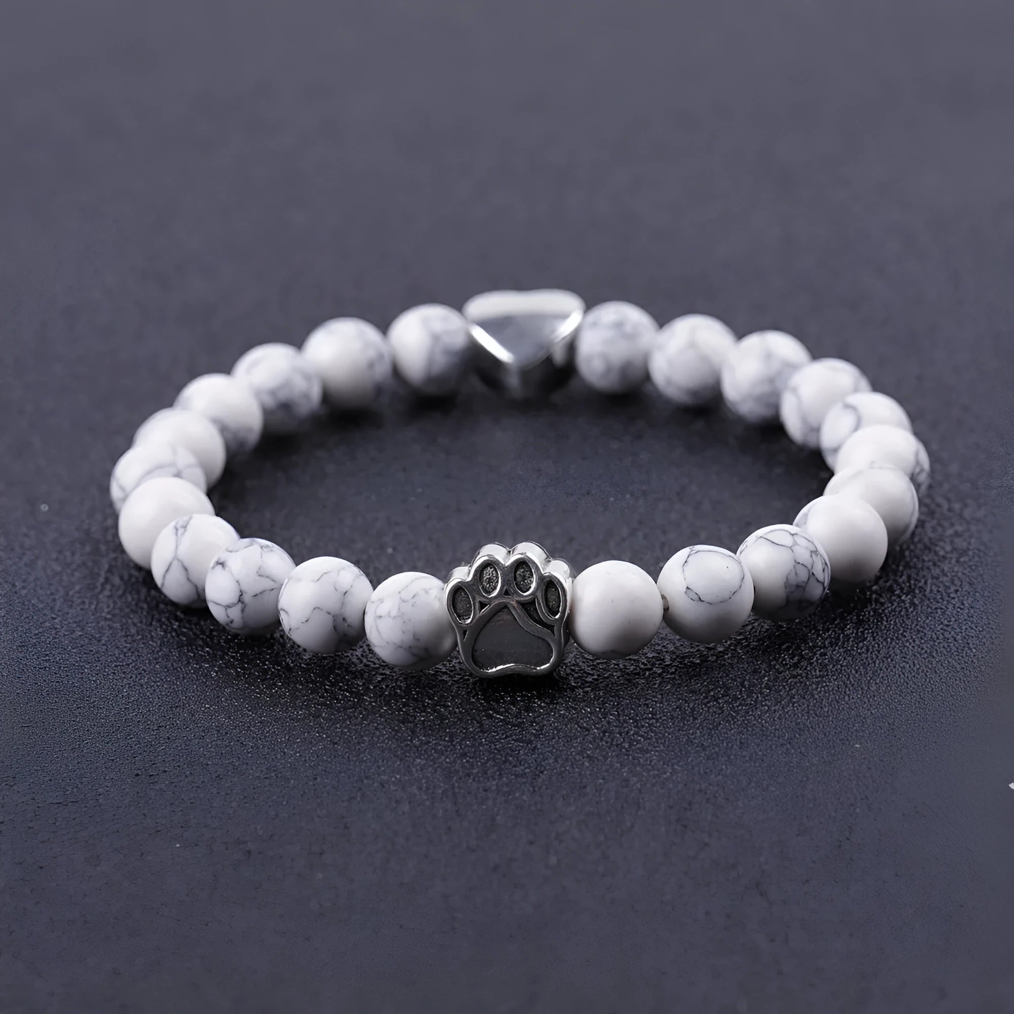 Tigereye Indian agate stone bracelet with dog's paw and love heart charms in beaded geometric design