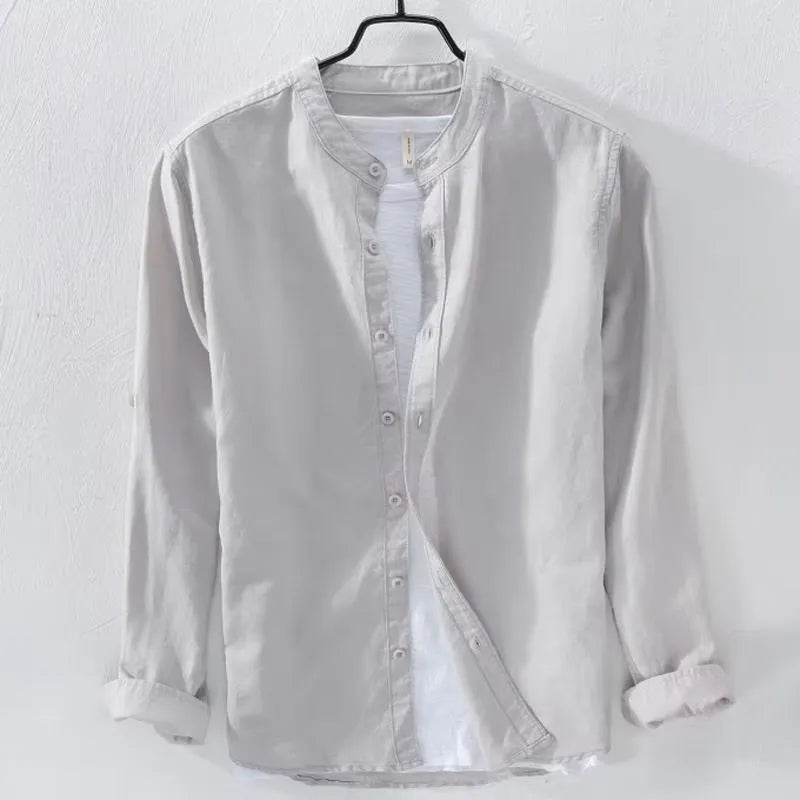 Men's loose fit linen cotton long sleeve shirt in dark blue colour showing button-up design