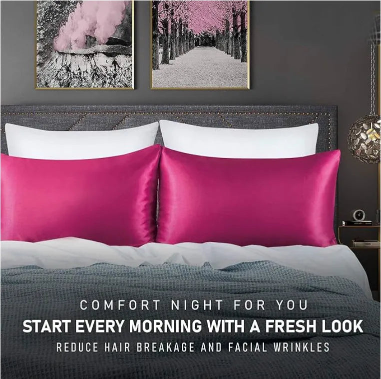 Pair of solid colour satin cloth pillowcases in polyester fibre available in twelve colours and four sizes