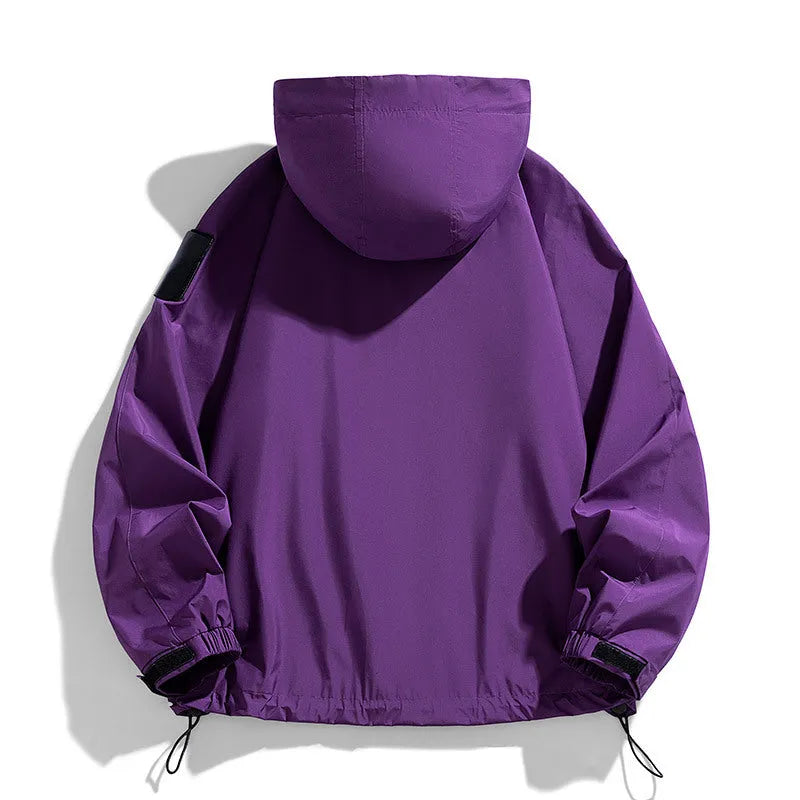 Men's black waterproof hooded jacket with long sleeves, shown in a regular length cut.