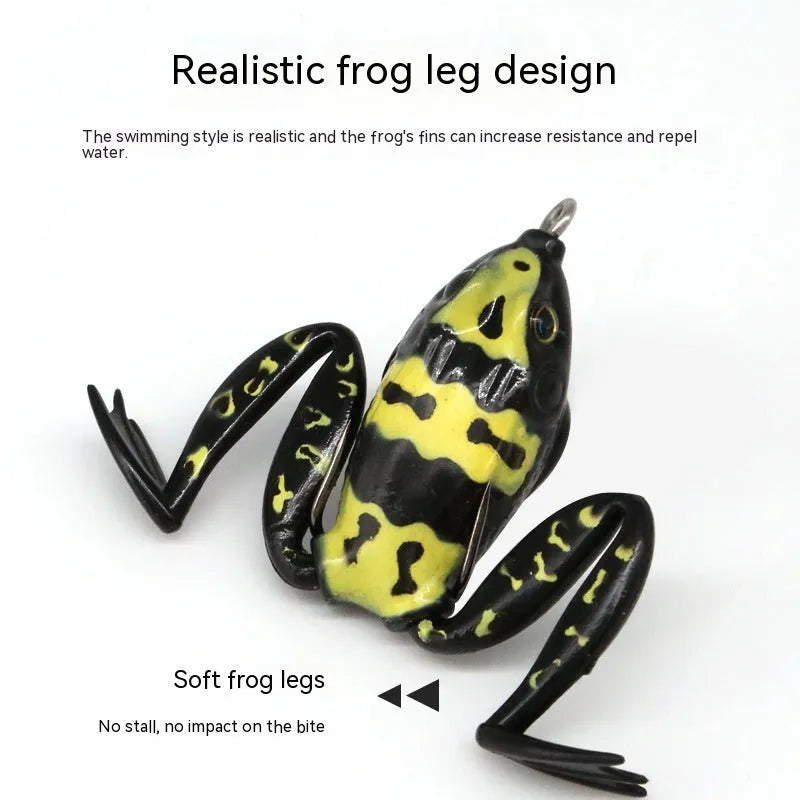 Double hook frog fishing bait showing bionic thunder frog design with grass green colour and black yellow dots