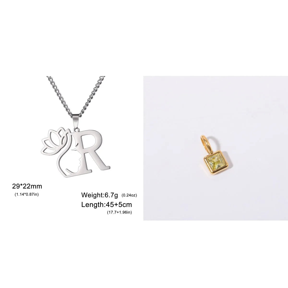 Stainless steel necklace with a single alphabet letter pendant on a cross chain, in gold or silver colour.