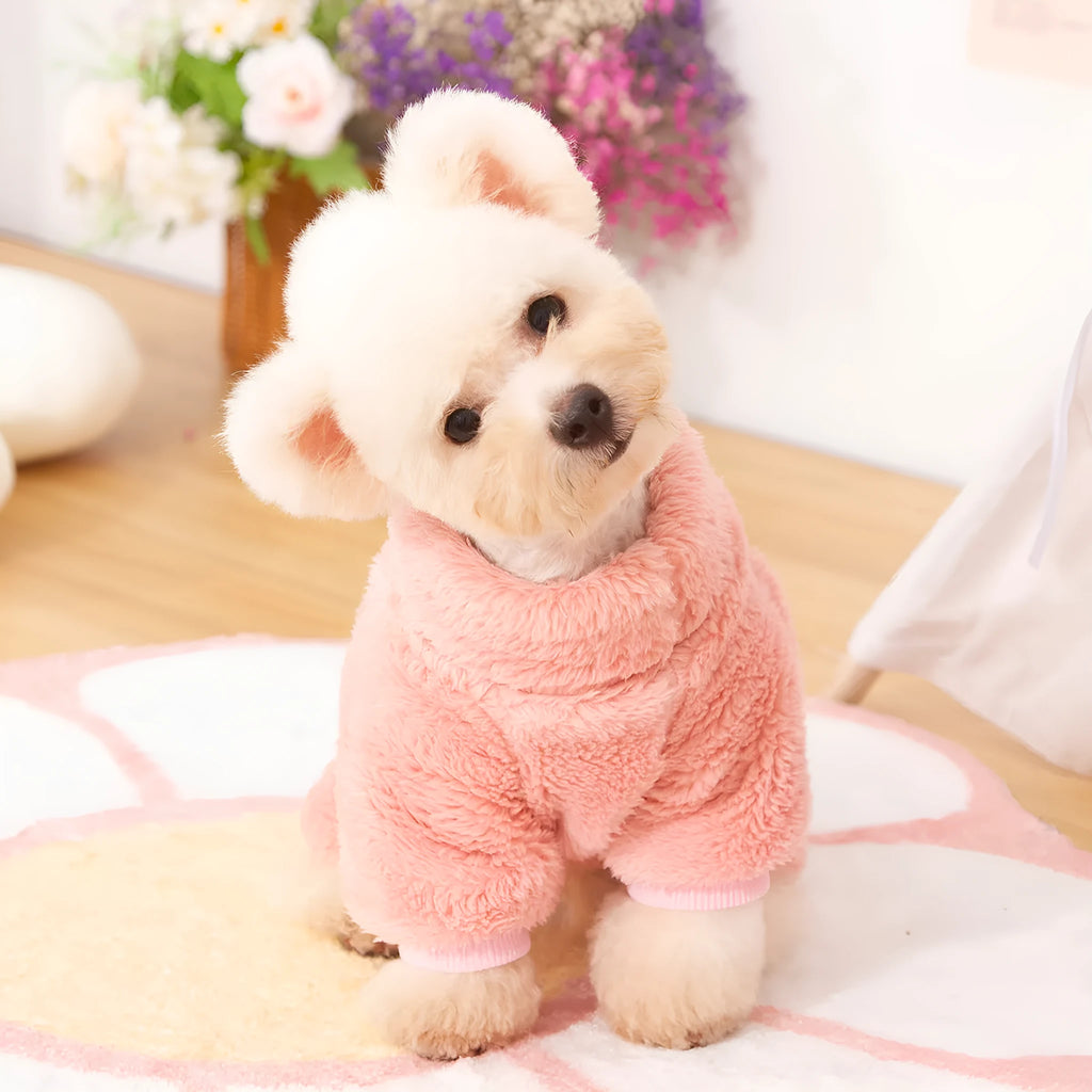 Blue four-legged dog clothes with high collar and towing ring made of double-sided plush cotton velvet