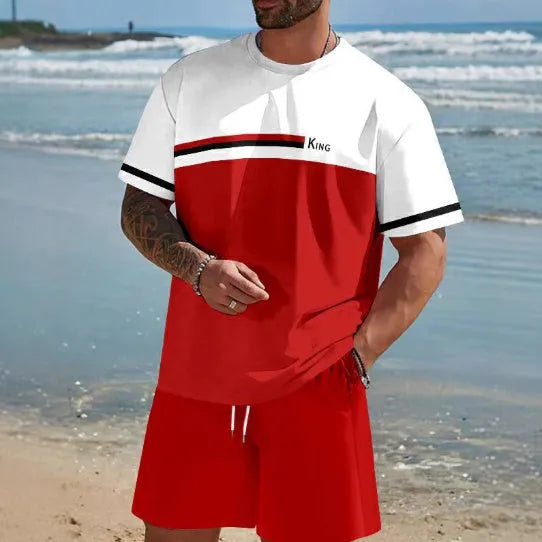 Men's loose-fit polyester summer set with short-sleeved T-shirt and matching shorts