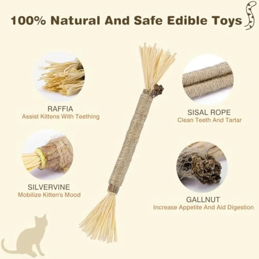 Three natural silvervine chew sticks for cats with sisal rope, shown with Fine and Thick diameter options.