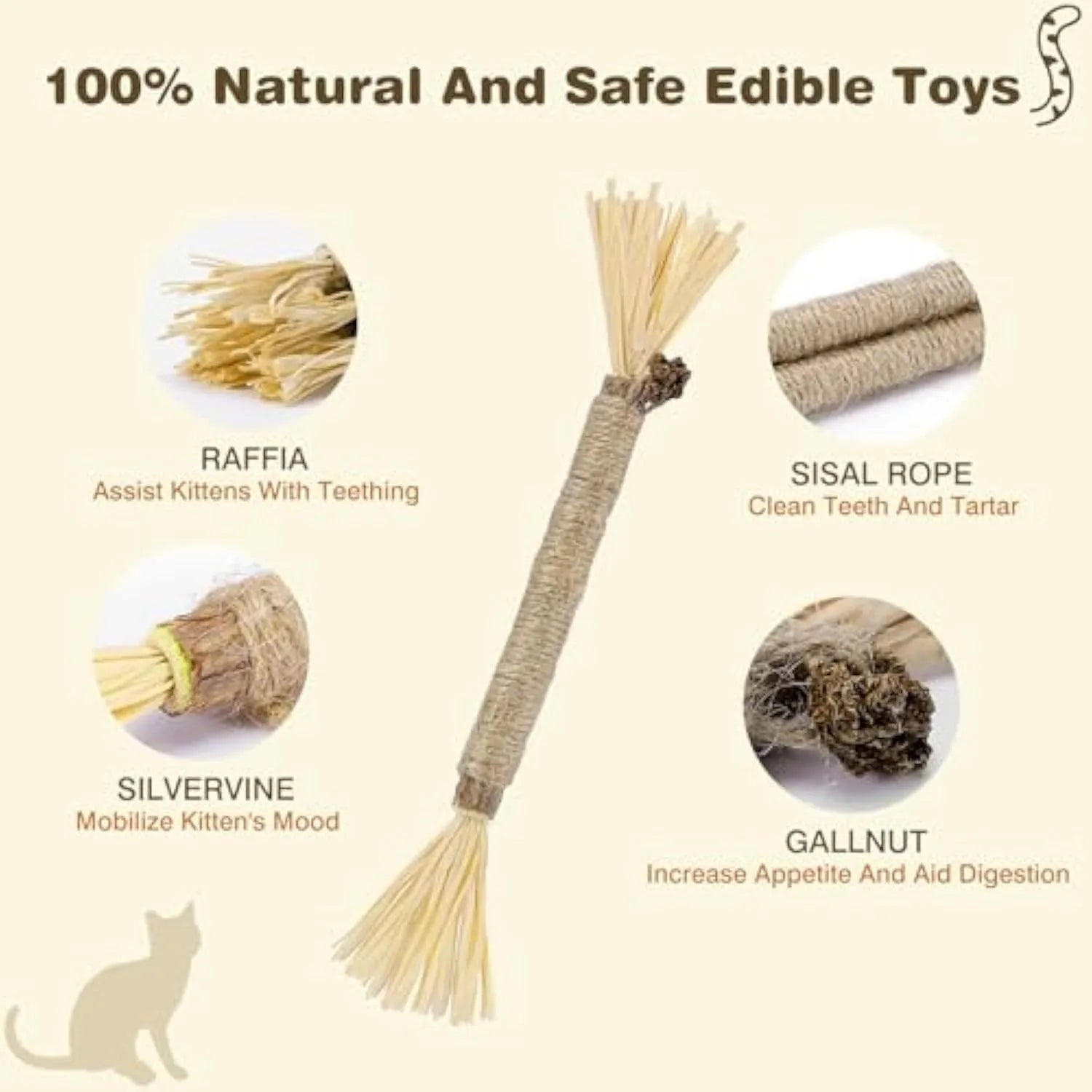 Three natural silvervine chew sticks for cats with sisal rope, shown with Fine and Thick diameter options.