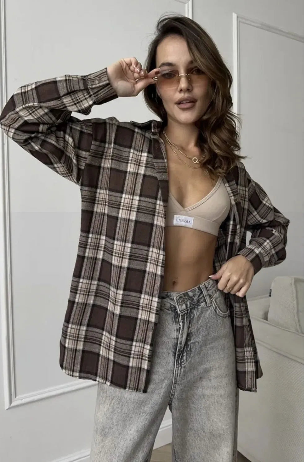 Dark brown retro striped women's shirt with long sleeves and button-up front