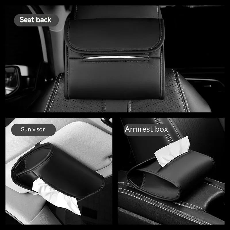 Leather car tissue box with elastic band for mounting on car seat or sun visor