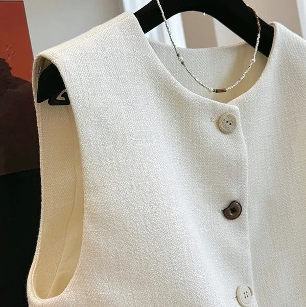 French style round neck bandage vest for women in polyester fabric, available in milky white or black
