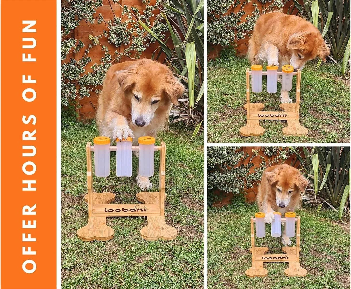 Wooden dog puzzle toy measuring 31x30x20cm with interactive snack dispenser compartments