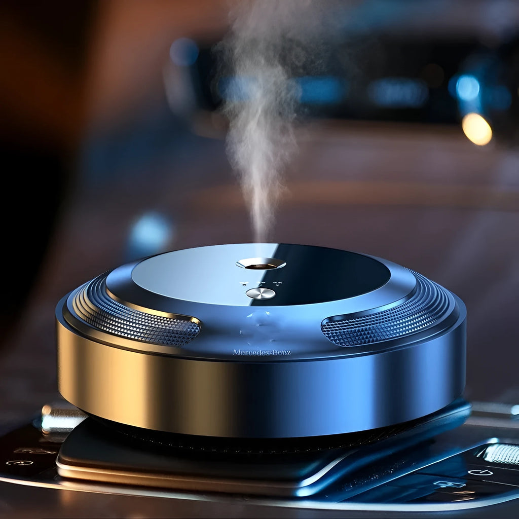 Automatic car air freshener diffuser with zinc alloy casing and three bottles of scent solution.