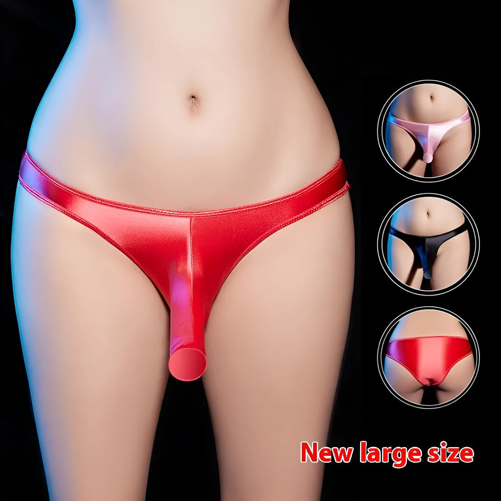 Men's low waist T-back underwear in shiny nylon fabric on a colour background showing available shades.