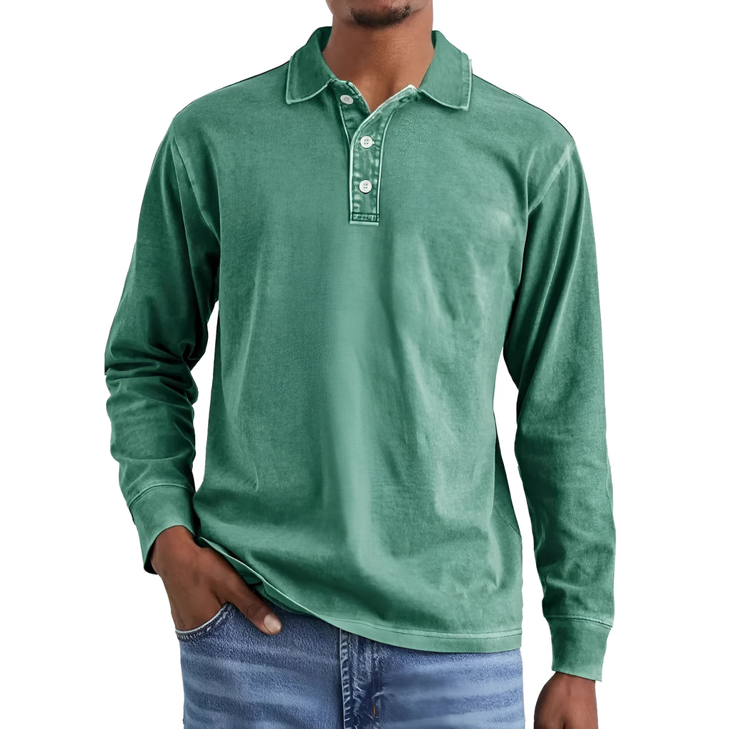 Retro washed distressed cotton lapel polo shirt in long sleeve design on mannequin