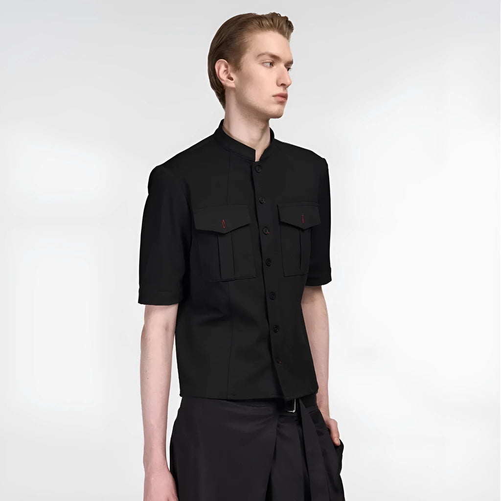 Black handmade hunting shirt with half sleeves and shirt collar, loose fit for outdoor wear