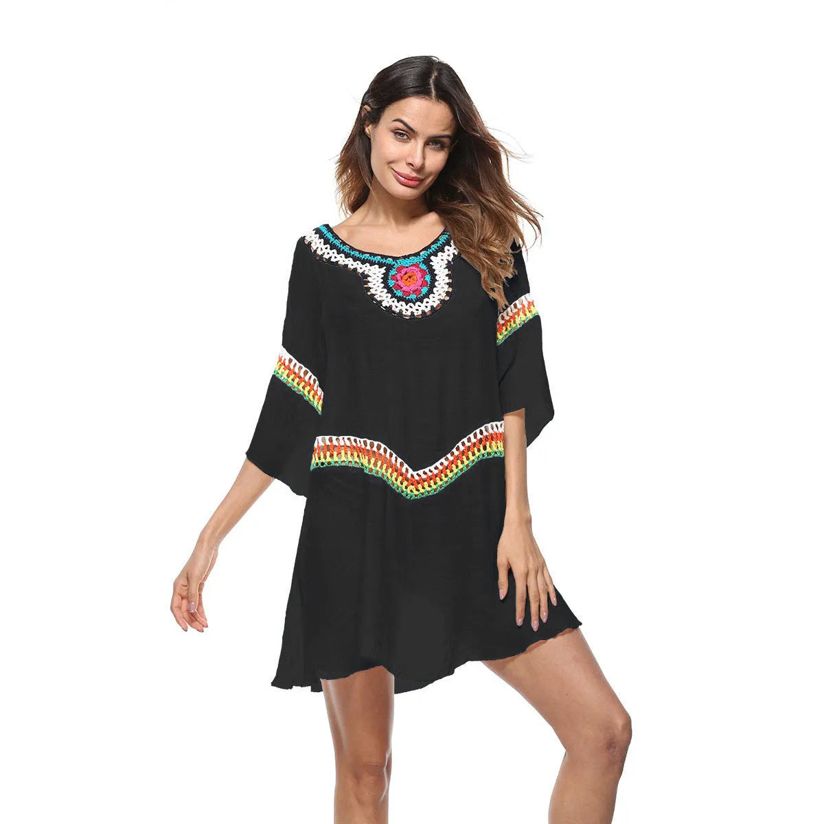 Crocheted ethnic style beach clothing set for women in acrylic fabric with sun protection for swimming