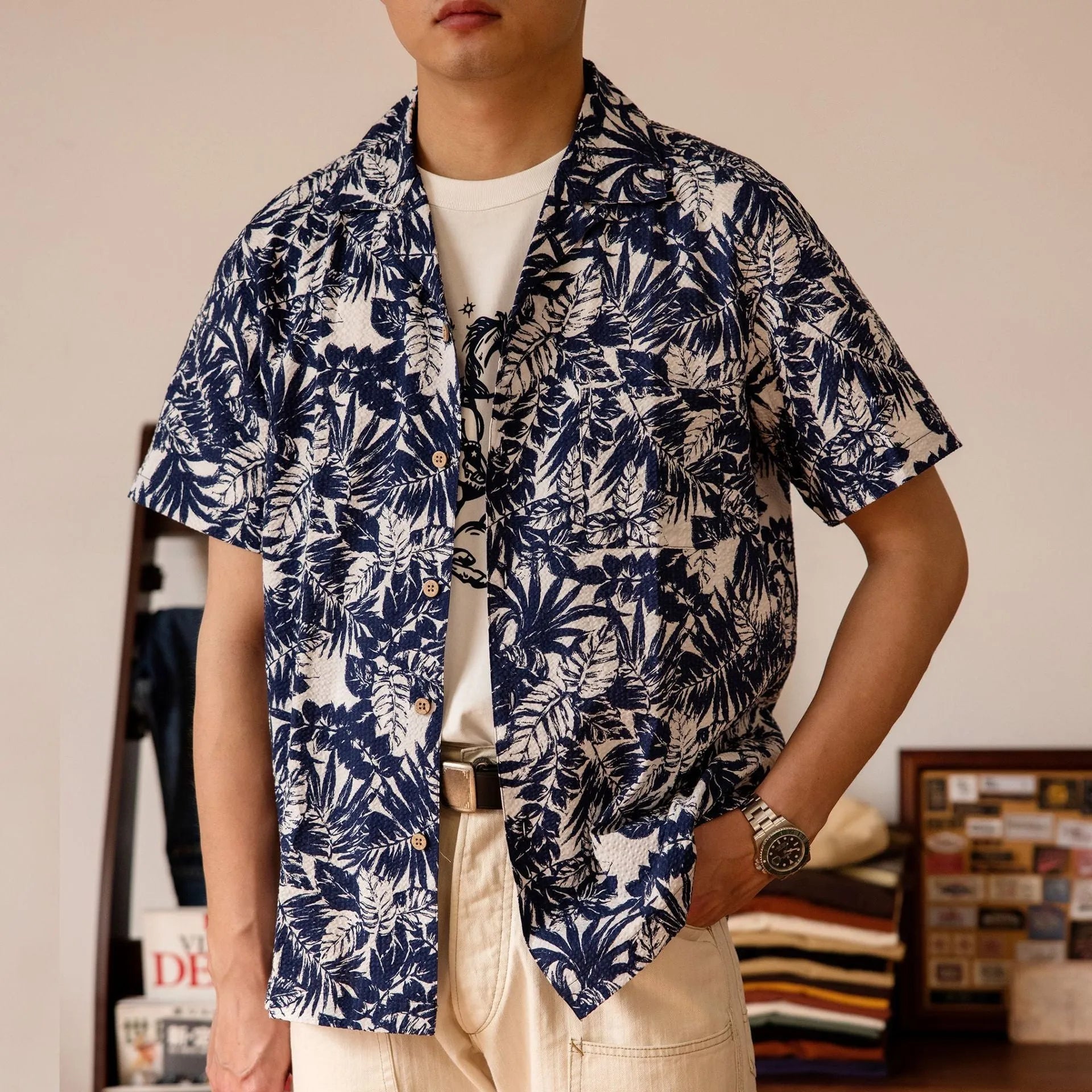 Vintage floral print seersucker shirt with Cuban collar in loose cardigan style
