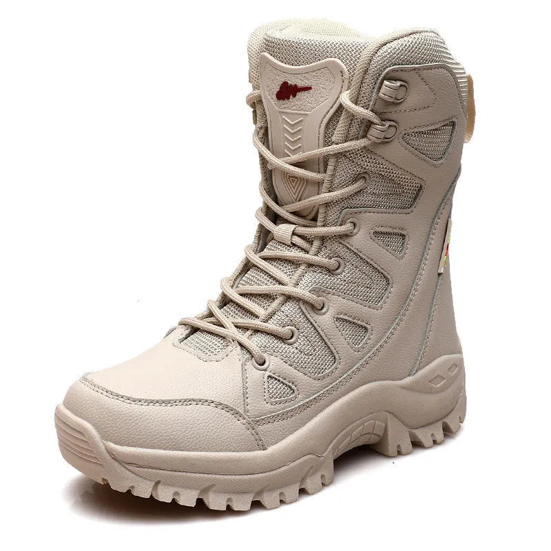 Beige cowhide leather hi-top hiking sneakers on a neutral background