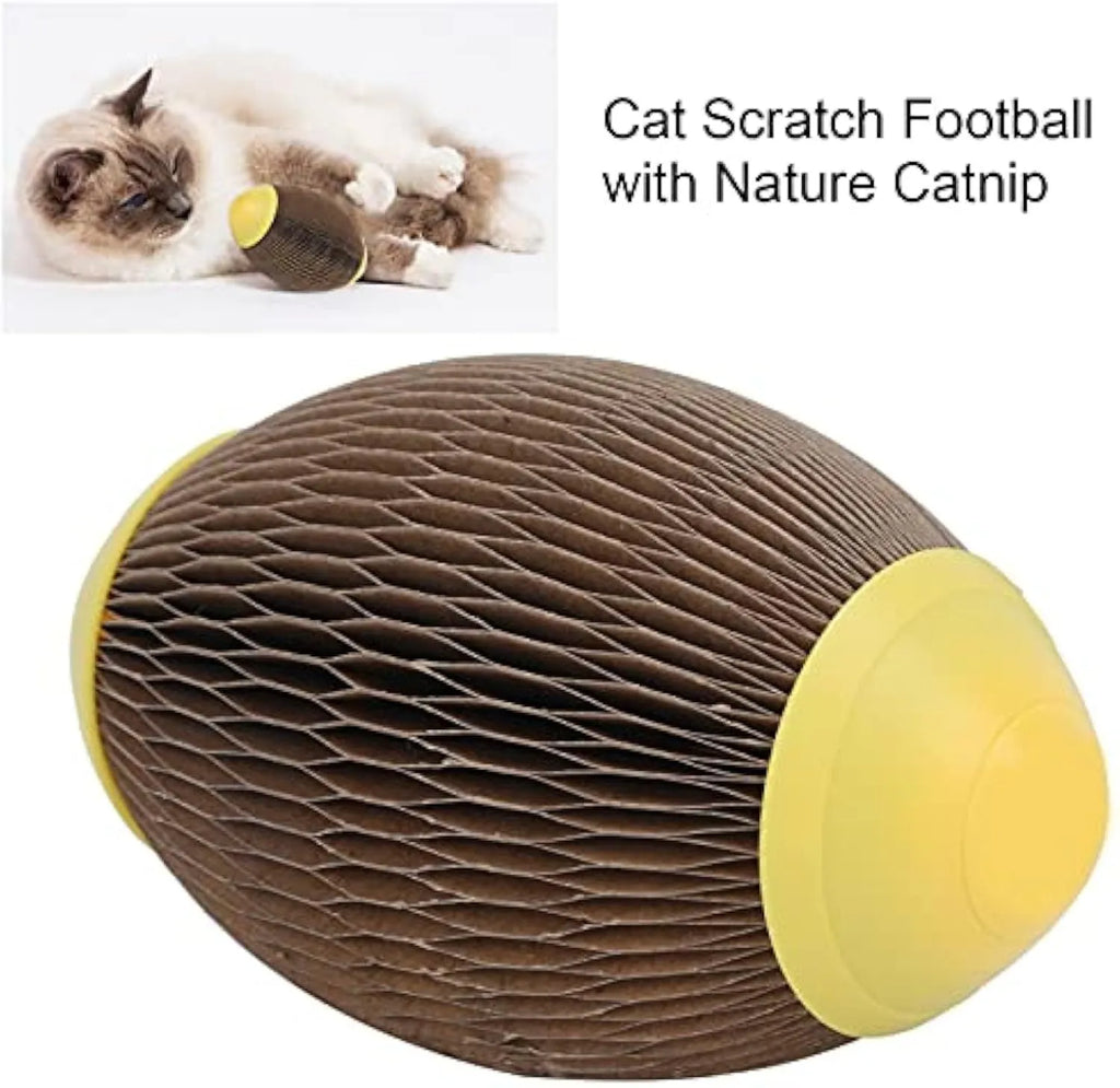 Elliptical corrugated paper cat toy ball with scratch surface for catnip insertion.