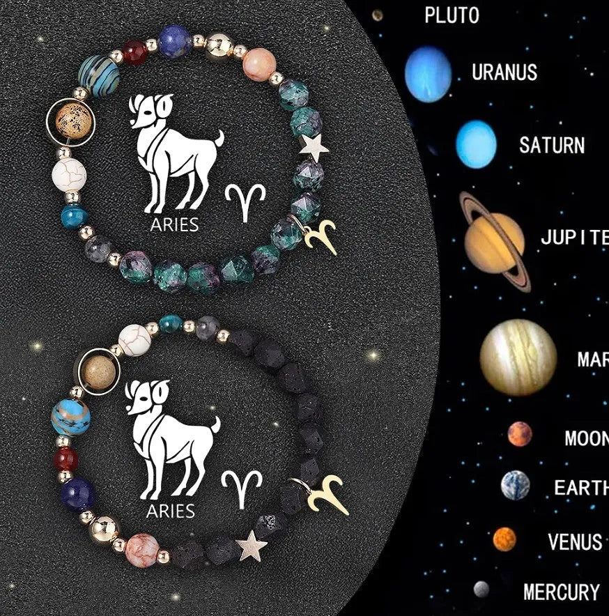 Complete set of twelve zodiac sign bracelets with natural stone beads and adjustable closures