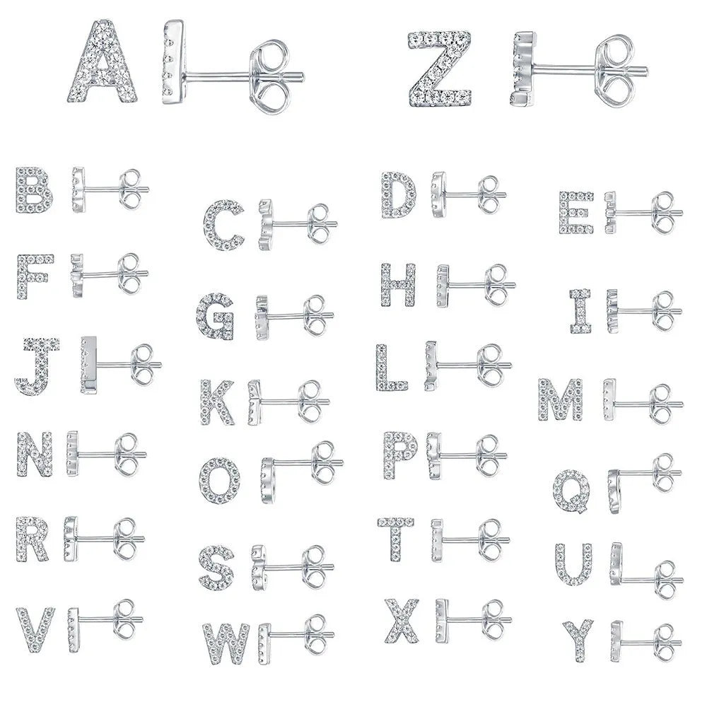 Gold plated brass alphabet letter earrings with zircon detailing showing A-Z character range