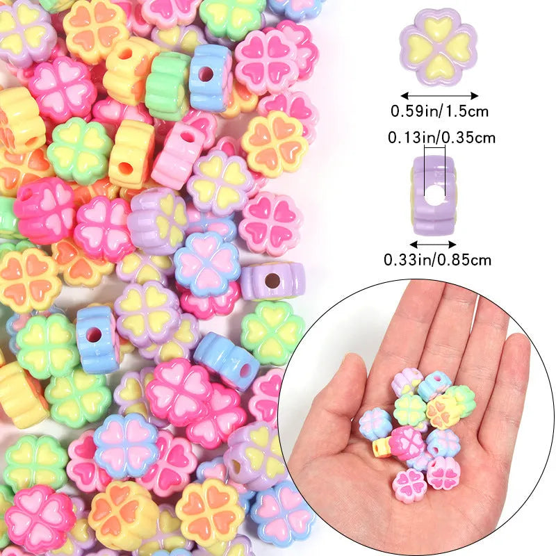 15mm acrylic craft beads with four-leaf clover shape and frosted finish in multiple colours