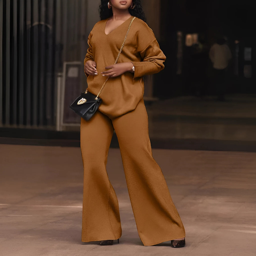 Women's brown suede two-piece suit with long sleeves and trousers in Japanese Korean style