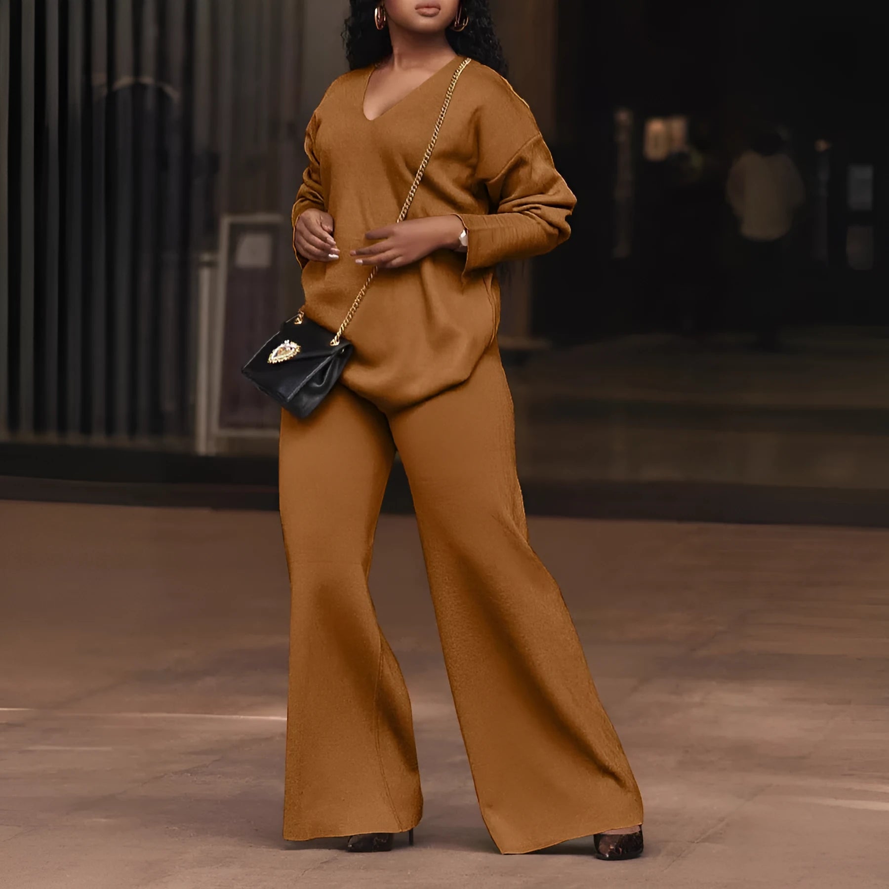 Women's brown suede two-piece suit with long sleeves and trousers in Japanese Korean style