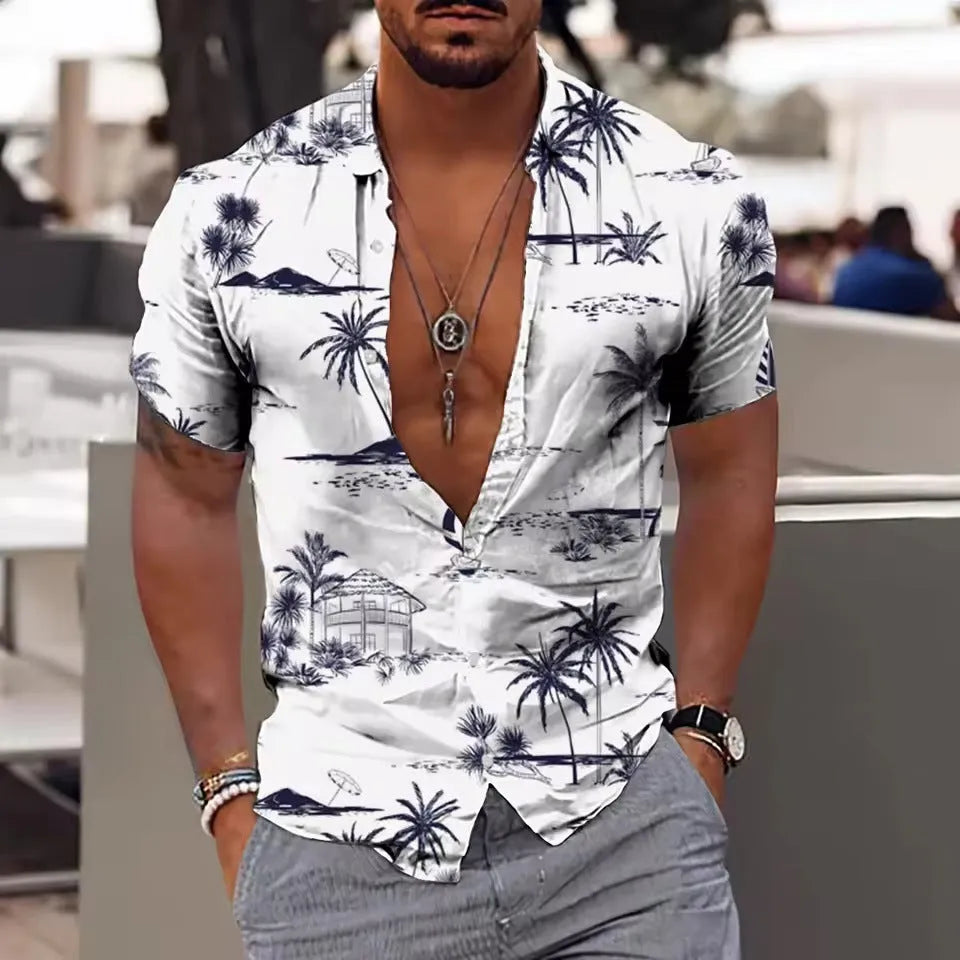 Man wearing a loose-fit floral print short sleeve cardigan shirt in a casual setting.