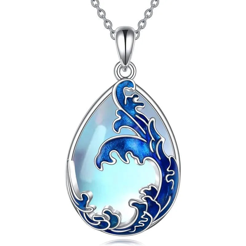 Blue heart-shaped alloy pendant necklace with love design elements on chain