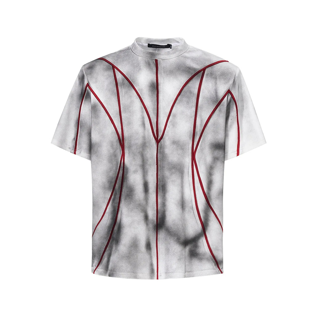 Women's padded shoulder short sleeve T-shirt with three-dimensional line patchwork and round neck collar