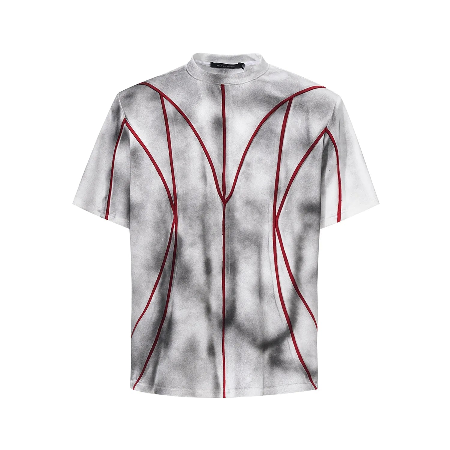 Women's padded shoulder short sleeve T-shirt with three-dimensional line patchwork and round neck collar