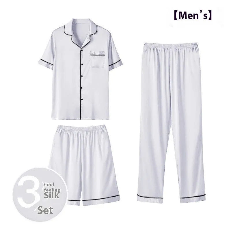 Men's ice silk three-piece home wear suit showing short sleeve top, shorts, and trousers laid flat.