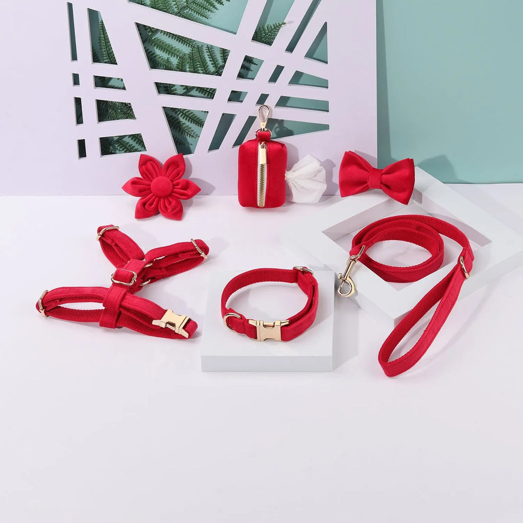 Classic velvet soft pet collar traction rope set with matching harness and accessories in multiple colour options